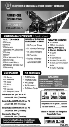 Admission notice for Government Sadiq College Women University Bahawalpur